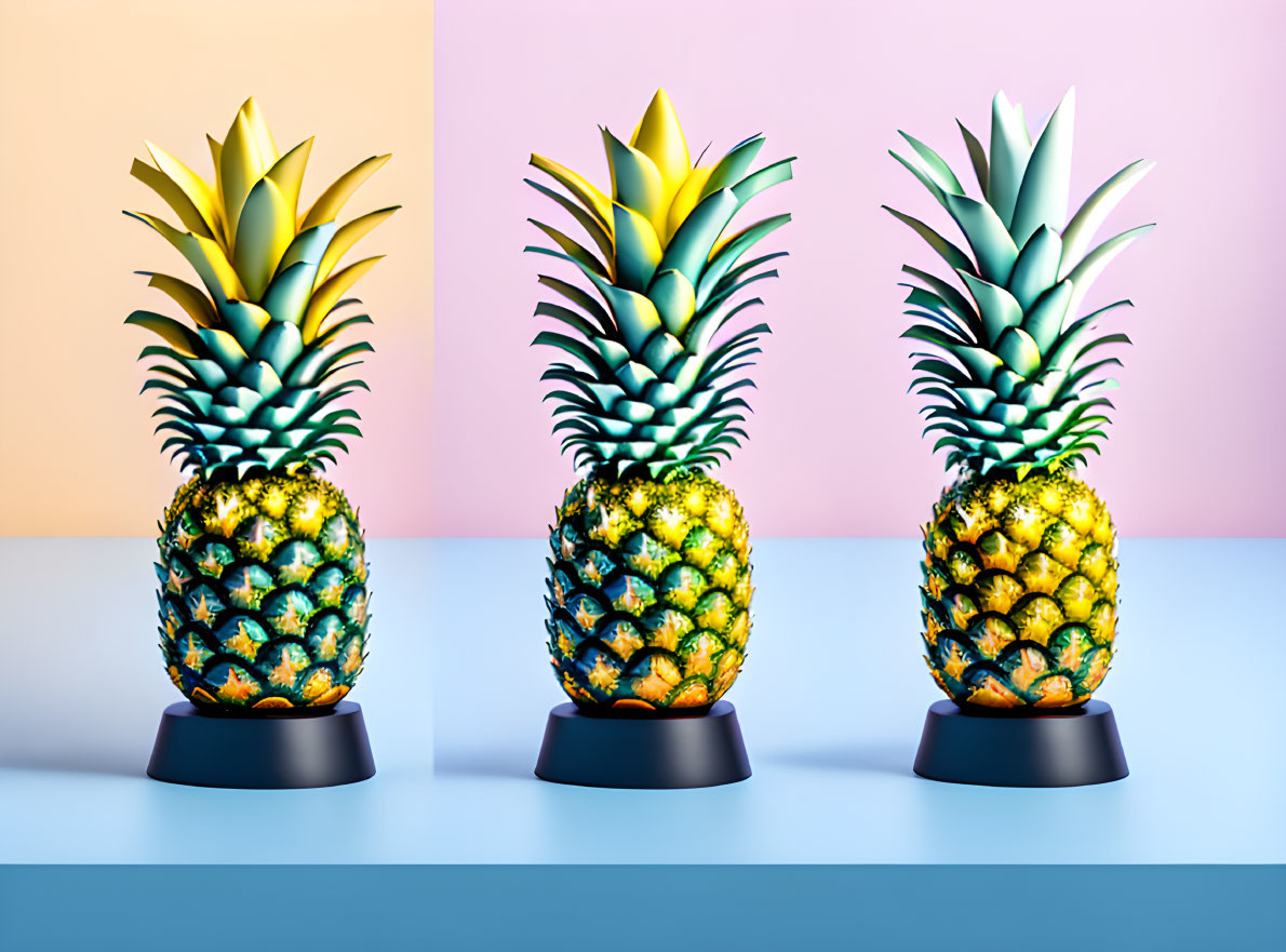 Colorful Pineapples on Stands Against Pastel Background