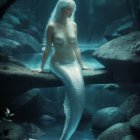 White-haired mermaid on rock in moonlit underwater scene