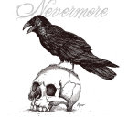 Detailed black and white illustration of a raven on a human skull with ink splatters.