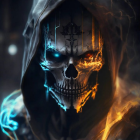 Menacing skull with glowing eyes and intricate markings in dark hood.