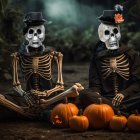 Skeleton figures in classy attire among pumpkins in dark forest setting