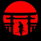 Samurai silhouette in front of stylized torii gate with red sun.