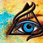 Colorful surreal eye surrounded by abstract patterns in blue, yellow, and orange