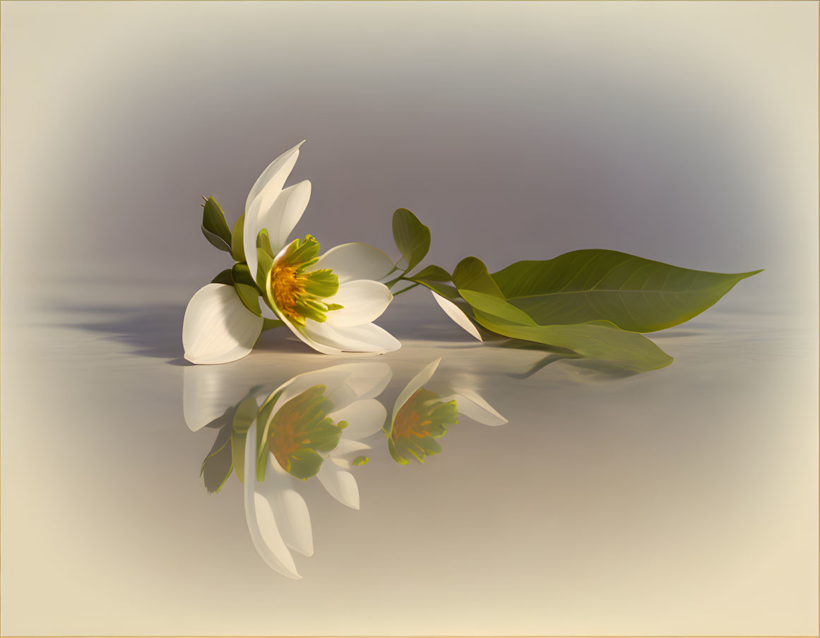 White Flower with Yellow Pistils Reflected on Glossy Surface