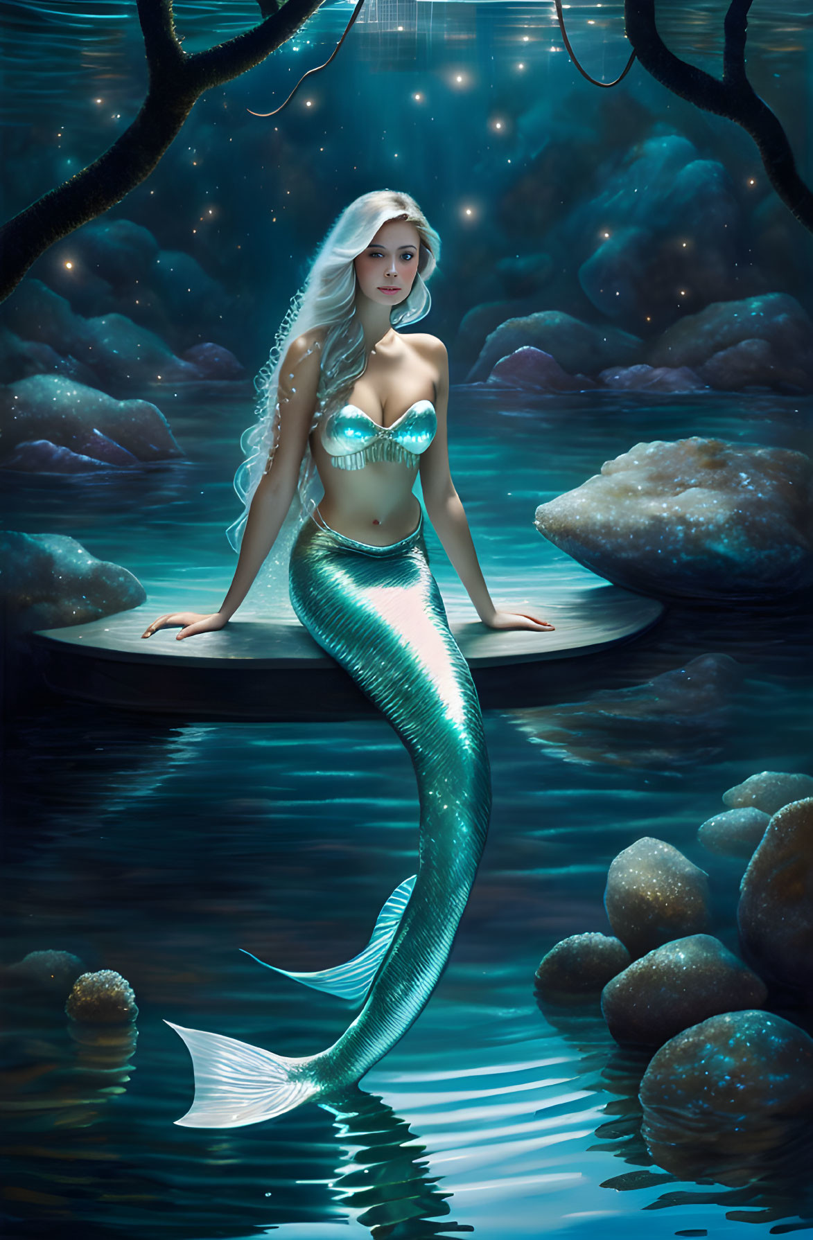 White-haired mermaid on rock in moonlit underwater scene