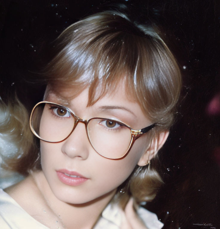 Blonde woman with round glasses on dark background