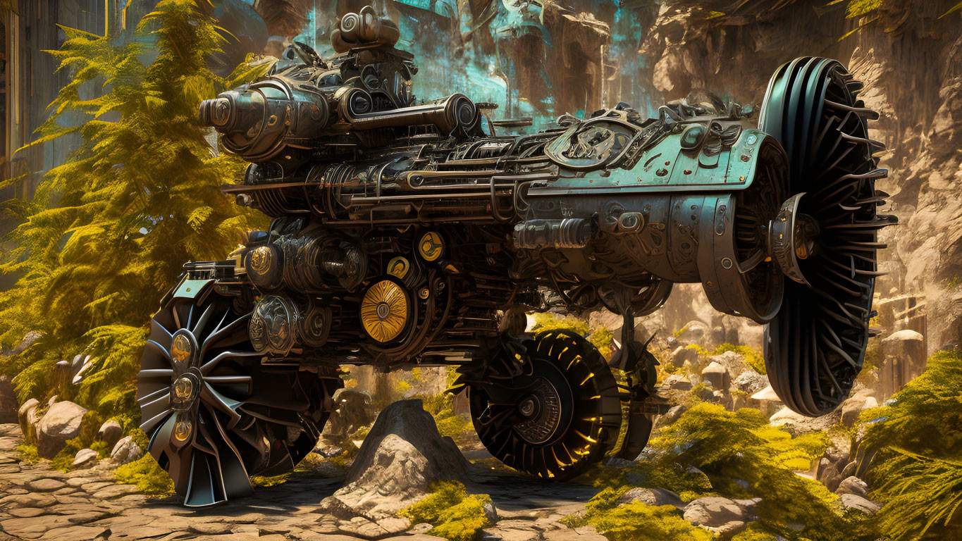 Futuristic vehicle with tank treads and large wheels in forest setting