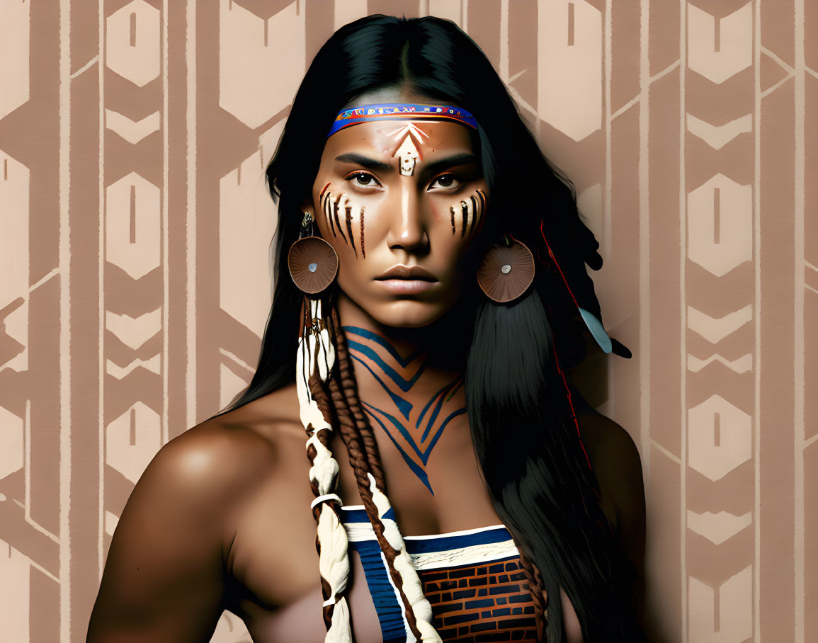 Native American Woman with Traditional Face Paint and Headband on Patterned Background