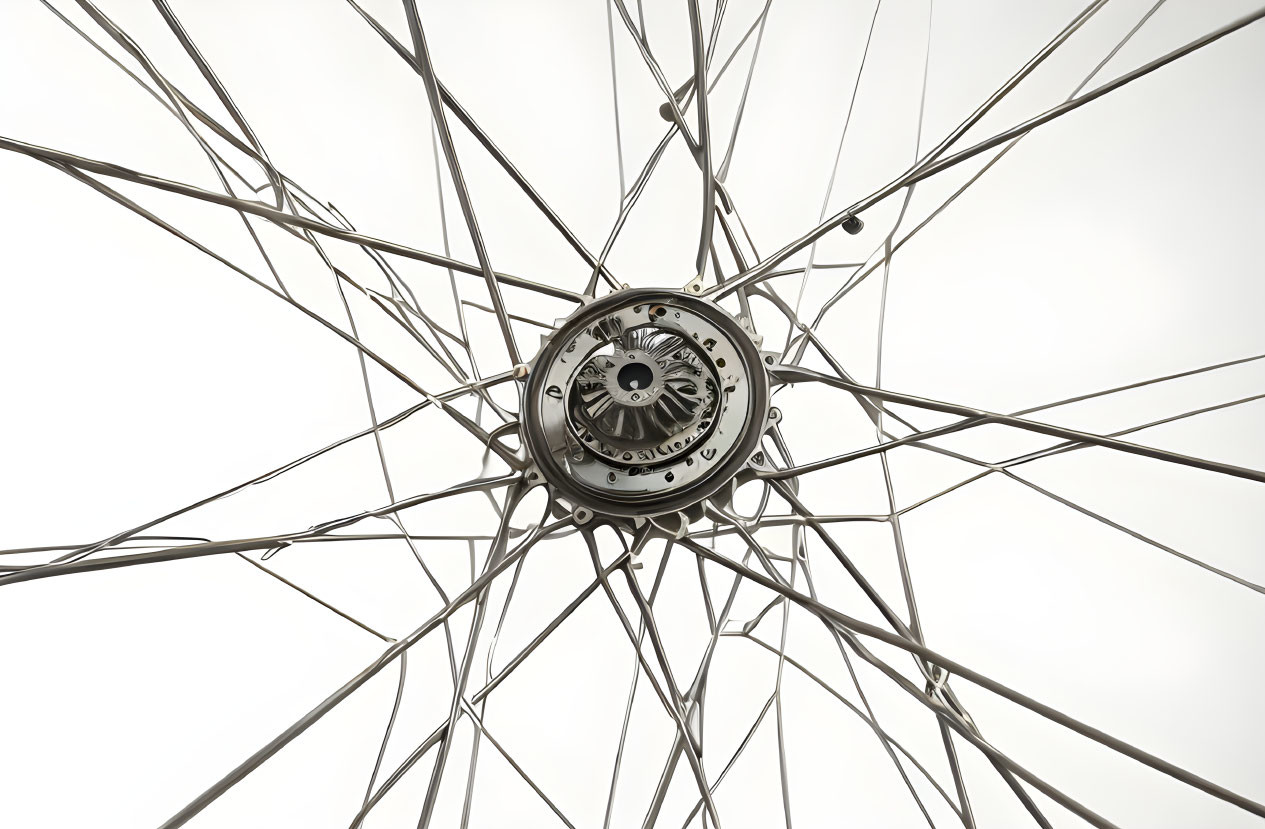 Metal rods forming intricate network around central hub on white background