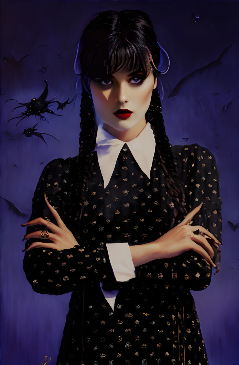 Stylized portrait of woman with dark hair, red lipstick, black dress, symbols, purple backdrop