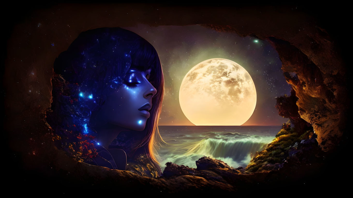 Silhouette of woman with cosmic overlay, full moon over ocean waves seen through cave opening