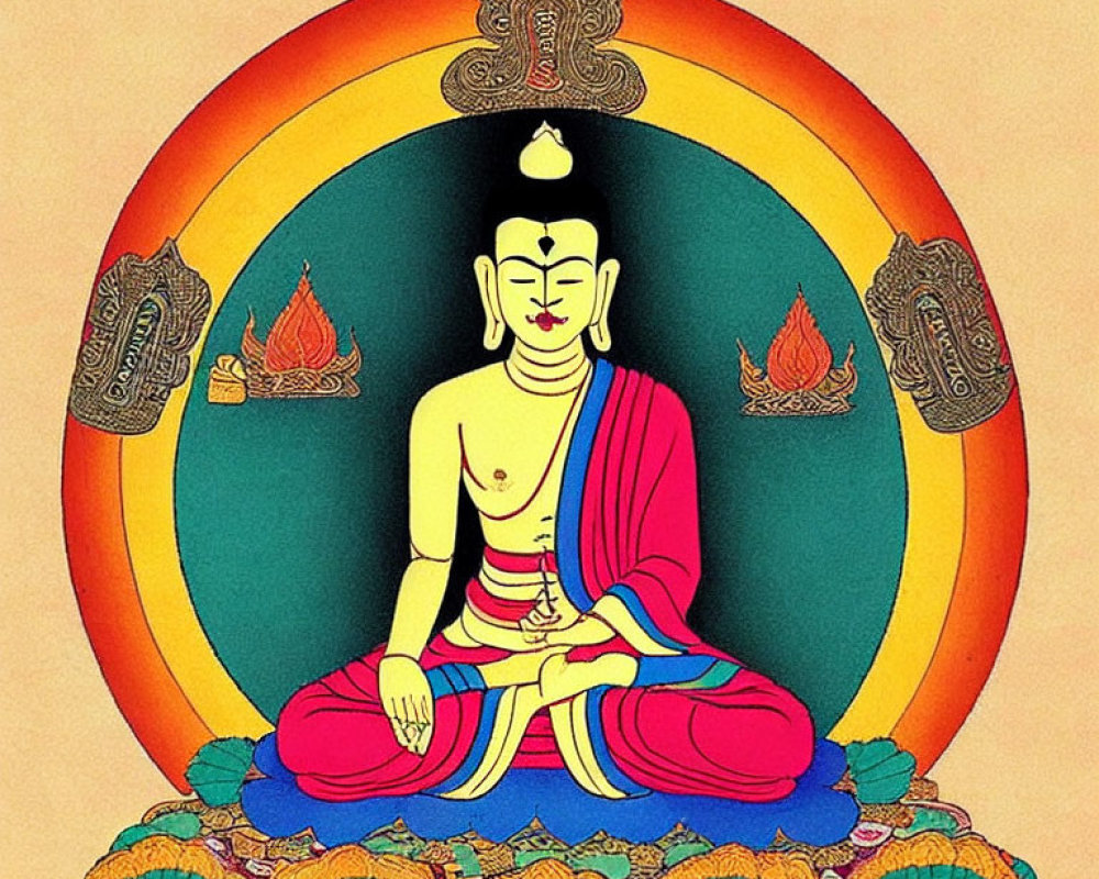 Colorful Buddha Meditation Illustration with Lotus and Flame Motifs