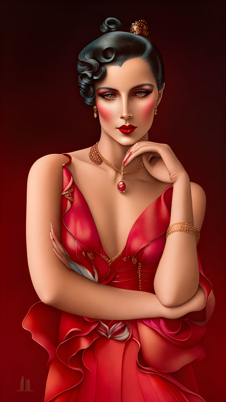 Illustration of woman with vintage hairstyle in red dress and jewelry