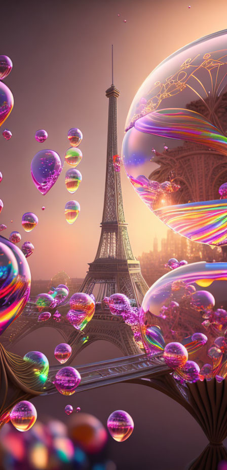 Surreal sunset scene with colorful bubbles and Eiffel Tower