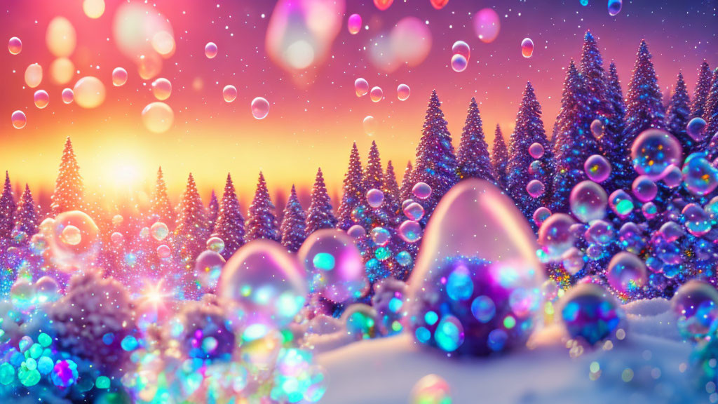 Colorful Winter Landscape with Sparkling Bubbles & Snowy Trees