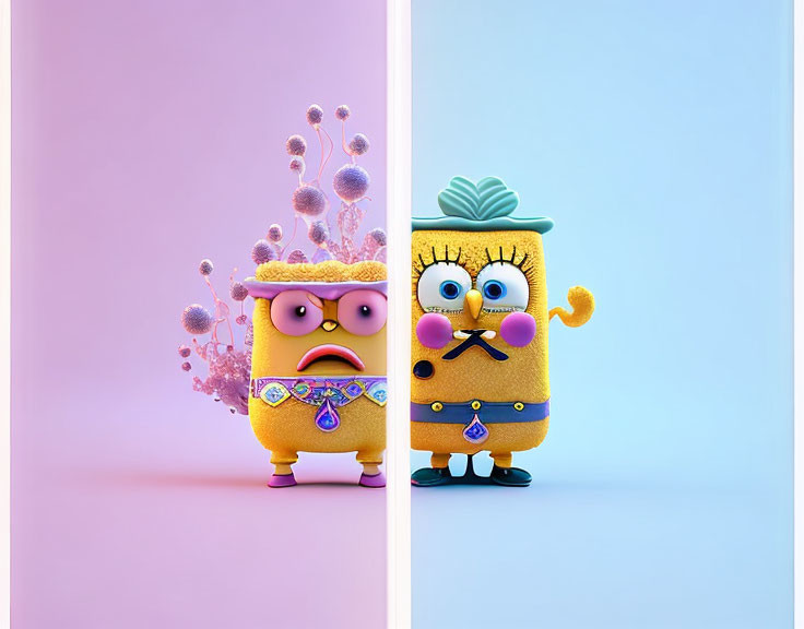 Colorful anthropomorphic characters with exaggerated expressions on split background