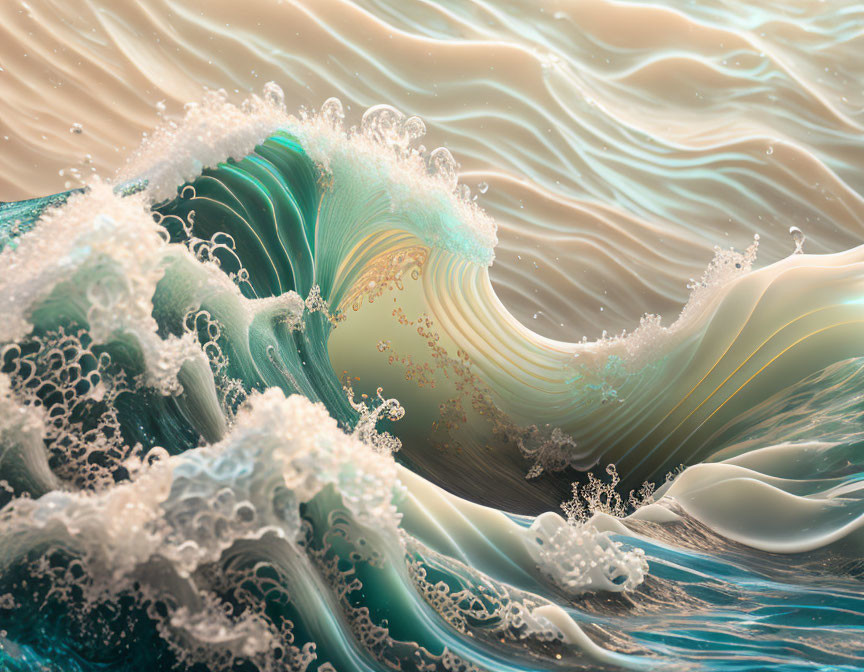 Translucent turquoise wave with frothy white foam on sandy background