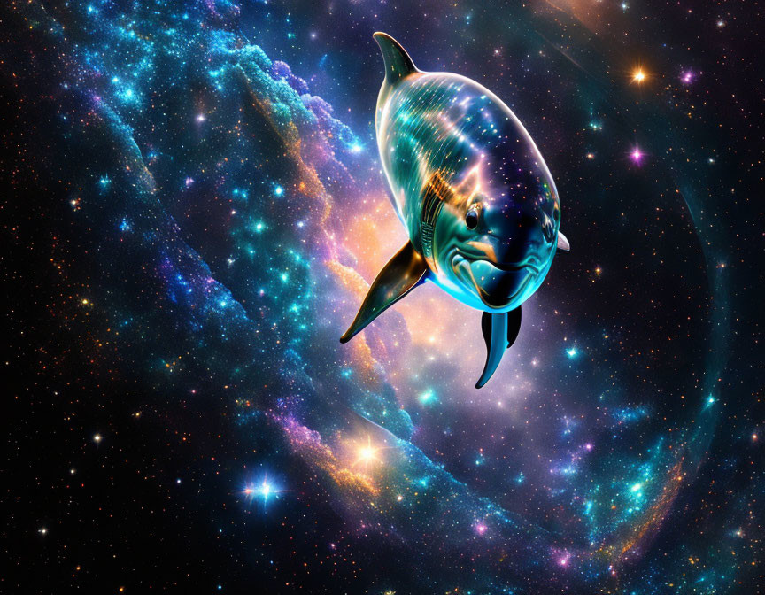 Galaxy-themed dolphin digital art in cosmic setting