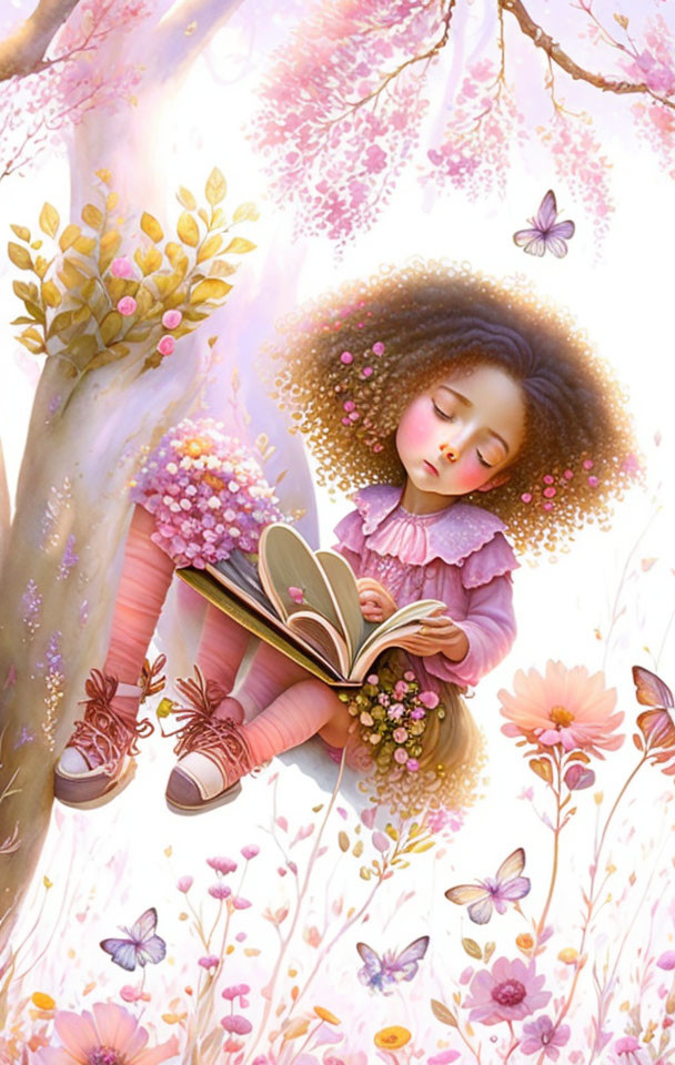 Girl with Curly Hair Reading Book on Blossoming Branch Surrounded by Flowers and Butterflies in Soft