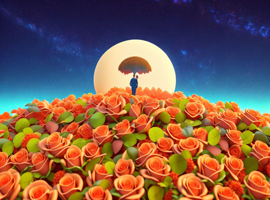 Person with umbrella on rose-covered hill under full moon.