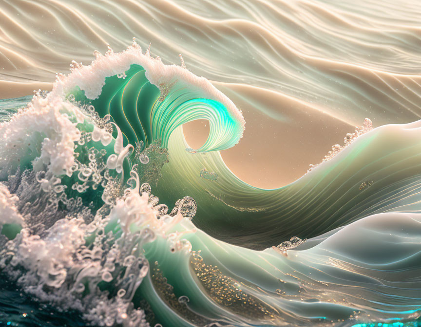 Translucent turquoise wave with sunlight and frothy foam