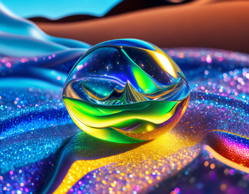 Colorful Glass Sphere Reflecting Vibrant Landscape Under Bright Light