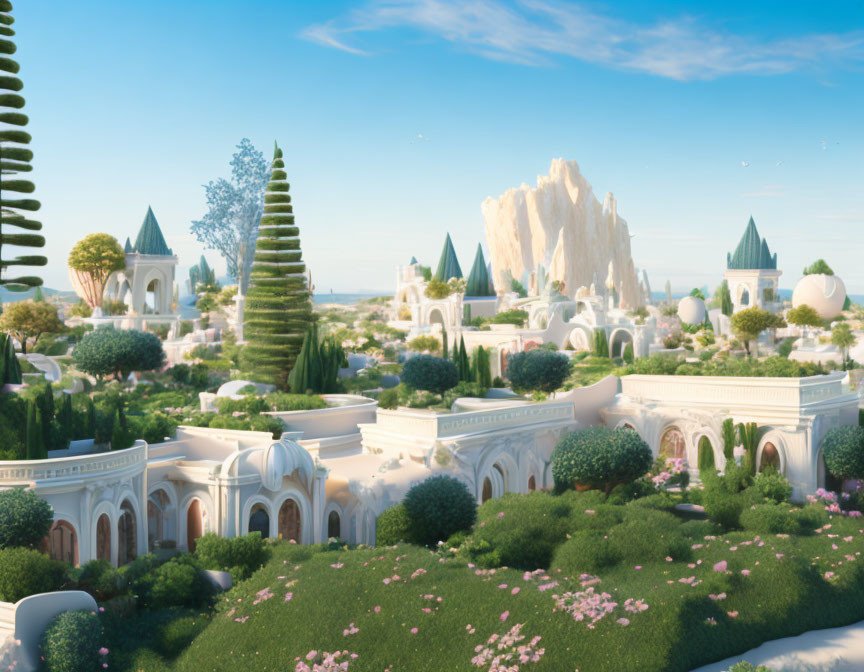 Tranquil fantasy landscape with lush gardens and futuristic buildings against rocky cliffs