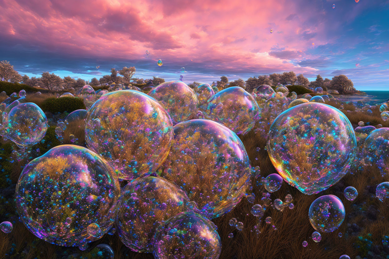 Colorful Landscape with Glittering Soap Bubbles and Purple Sky