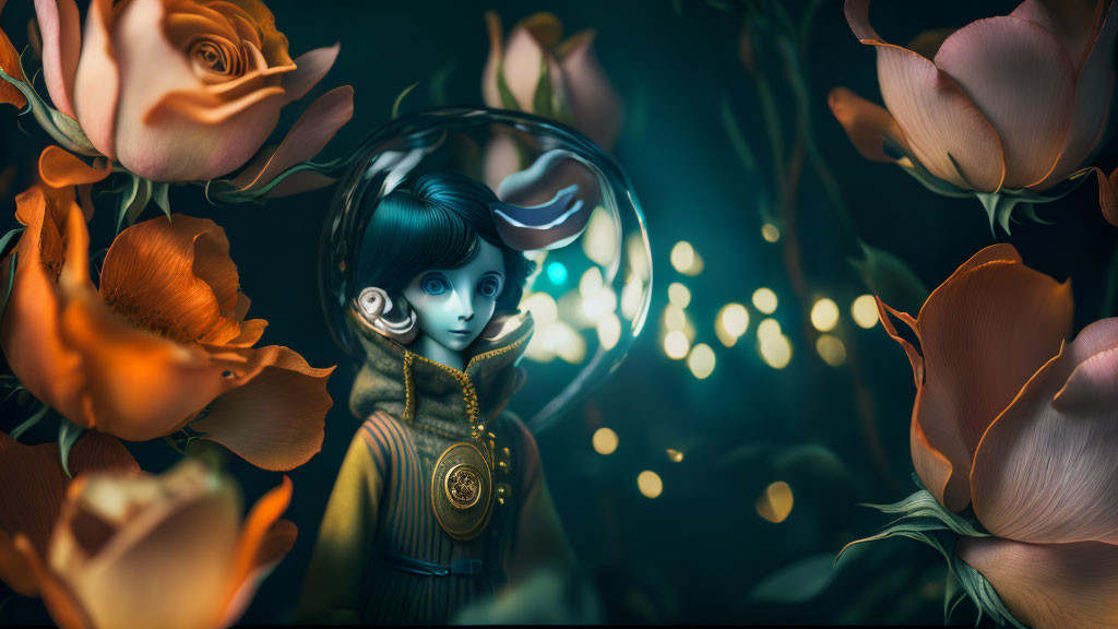 Fantasy illustration: Girl with large eyes, vibrant flowers, glowing bubble