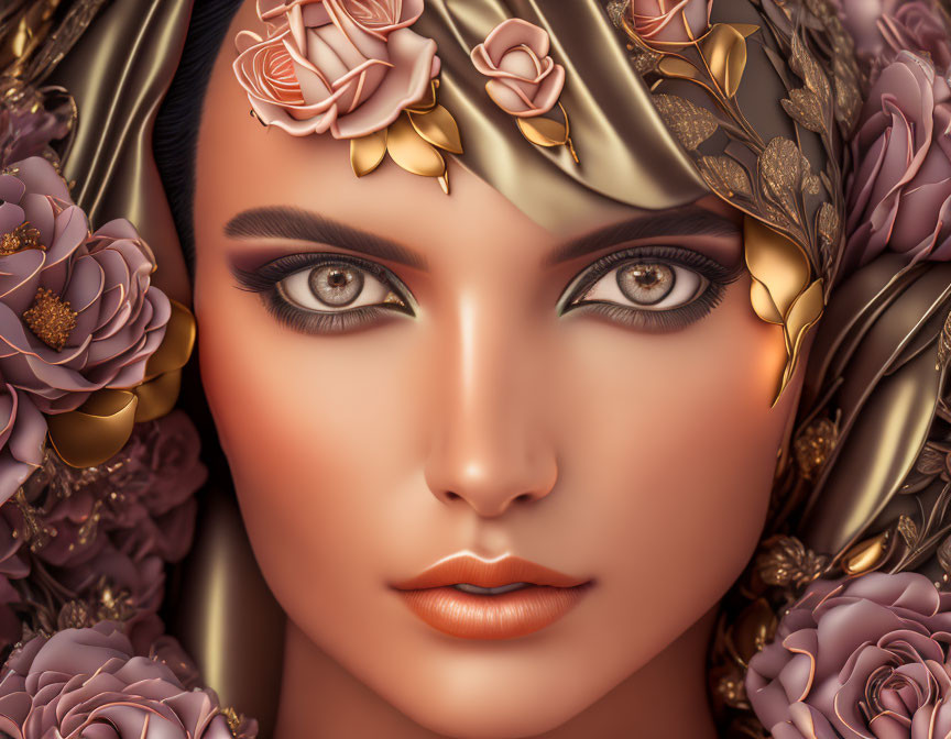 Digital Artwork: Woman's Face with Floral Headpiece