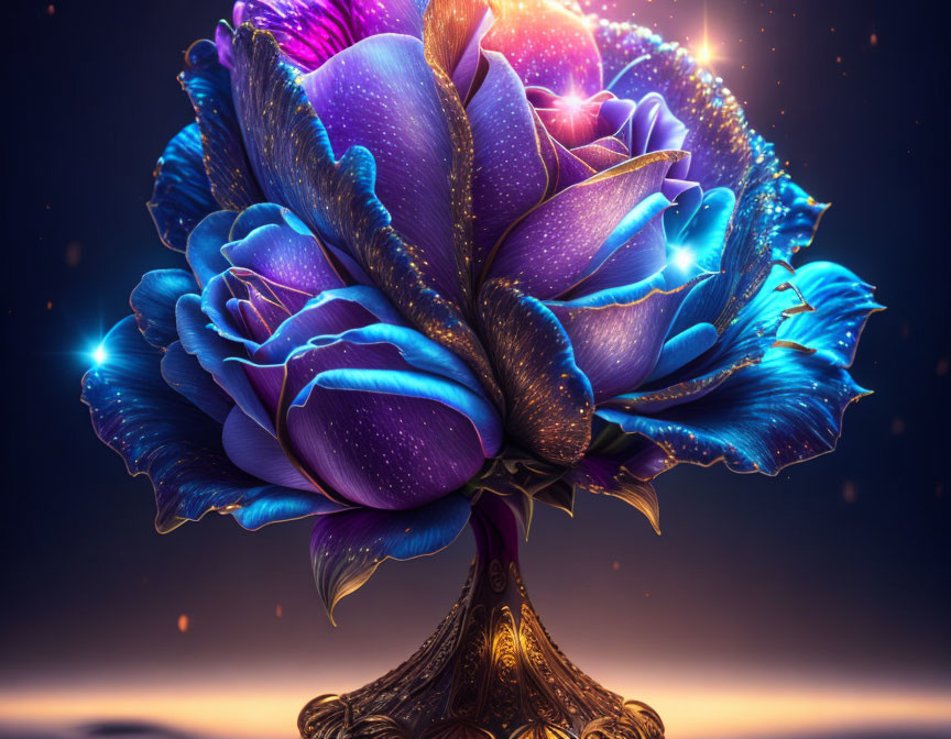 Glowing blue rose digital art on night sky background