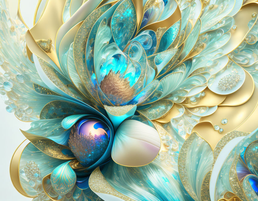 Intricate fractal digital artwork with gold, blue, and turquoise hues