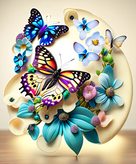 Colorful golden crescent with butterflies and flowers on soft background