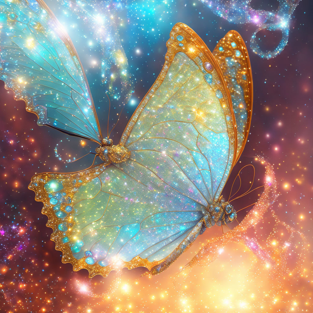 Colorful translucent butterfly with cosmic elements on nebula background