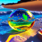 Colorful Glass Sphere Reflecting Vibrant Landscape Under Bright Light