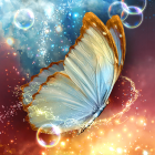 Colorful translucent butterfly with cosmic elements on nebula background