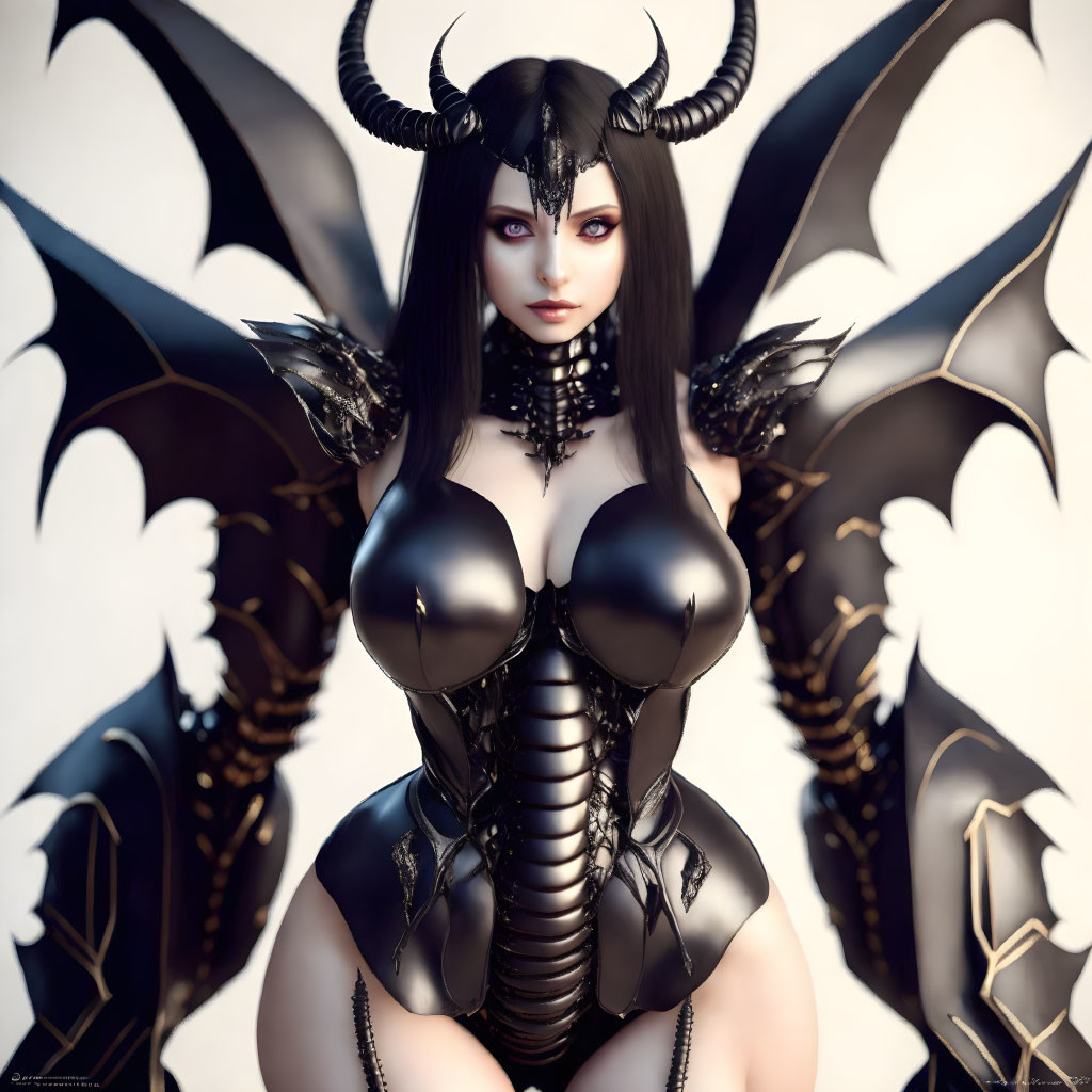 Digital artwork featuring female character with dark angel wings, horns, and black armored bodysuit