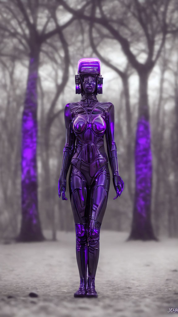 Reflective Purple Humanoid Robot in Misty Barren Forest