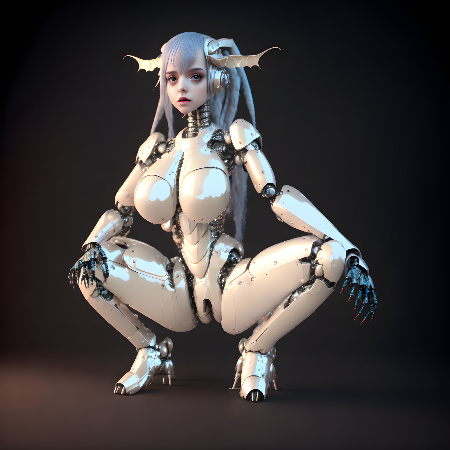 Female humanoid robot with pale skin and silver hair crouching in dark setting