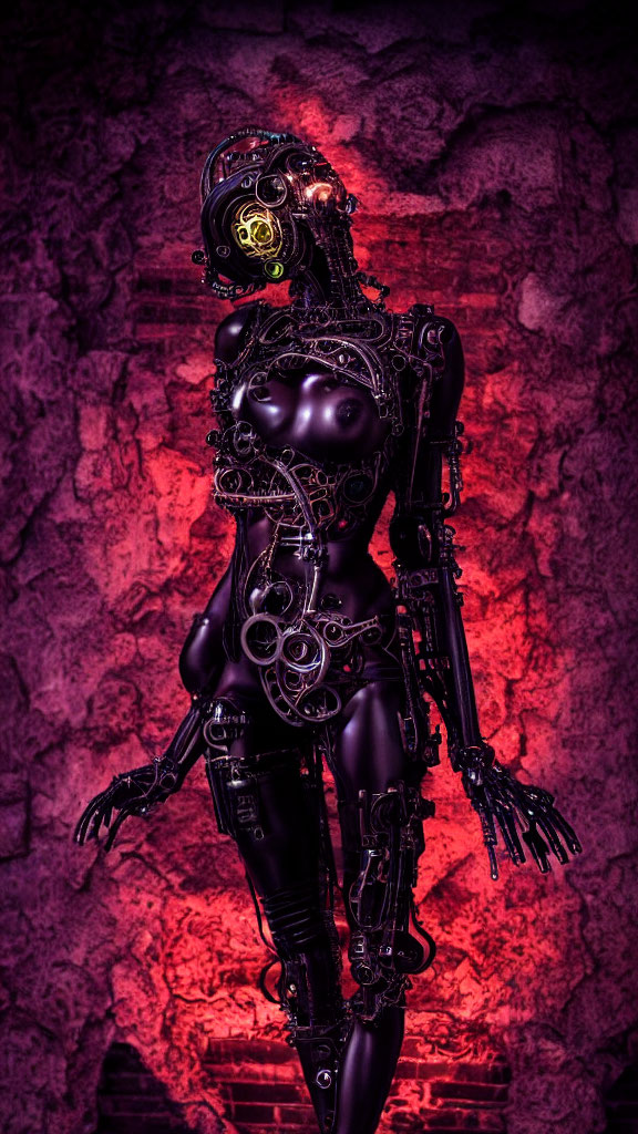 Detailed futuristic robot with neon pink lighting on dark background