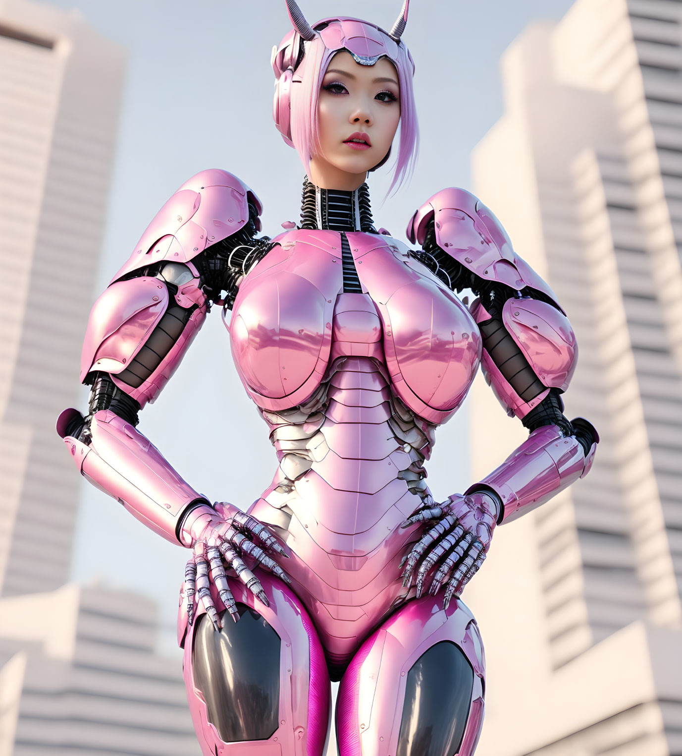 Detailed CG Image: Pink Female Robot with Skyscrapers