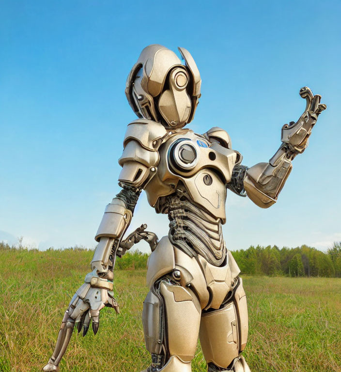 Intricately detailed humanoid robot in grassy field under clear sky