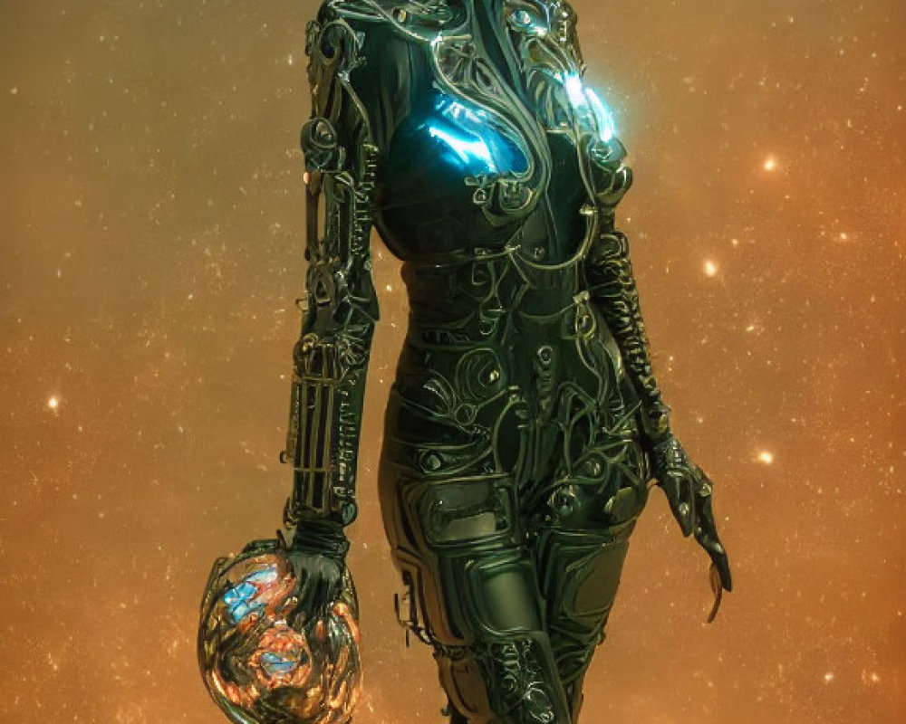 Futuristic robotic figure with glowing blue elements in starry setting holding spherical object