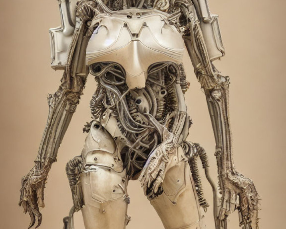 Intricate humanoid robot with skeleton-like head on tan background