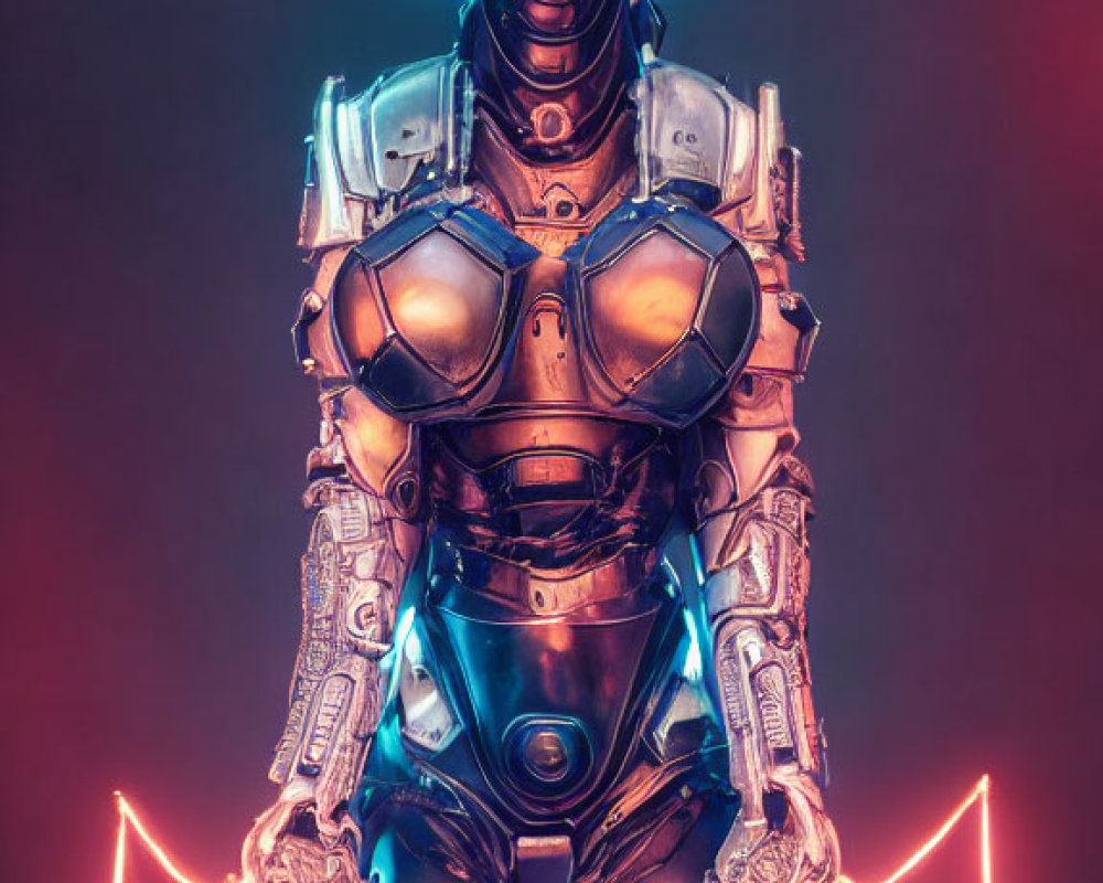 Futuristic robot with neon accents on red backdrop with blue shapes