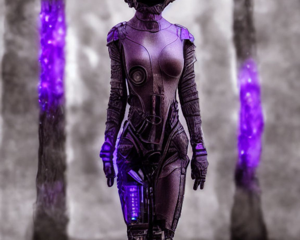 Purple-Visored Humanoid Robot in Misty Landscape with Glowing Crystals