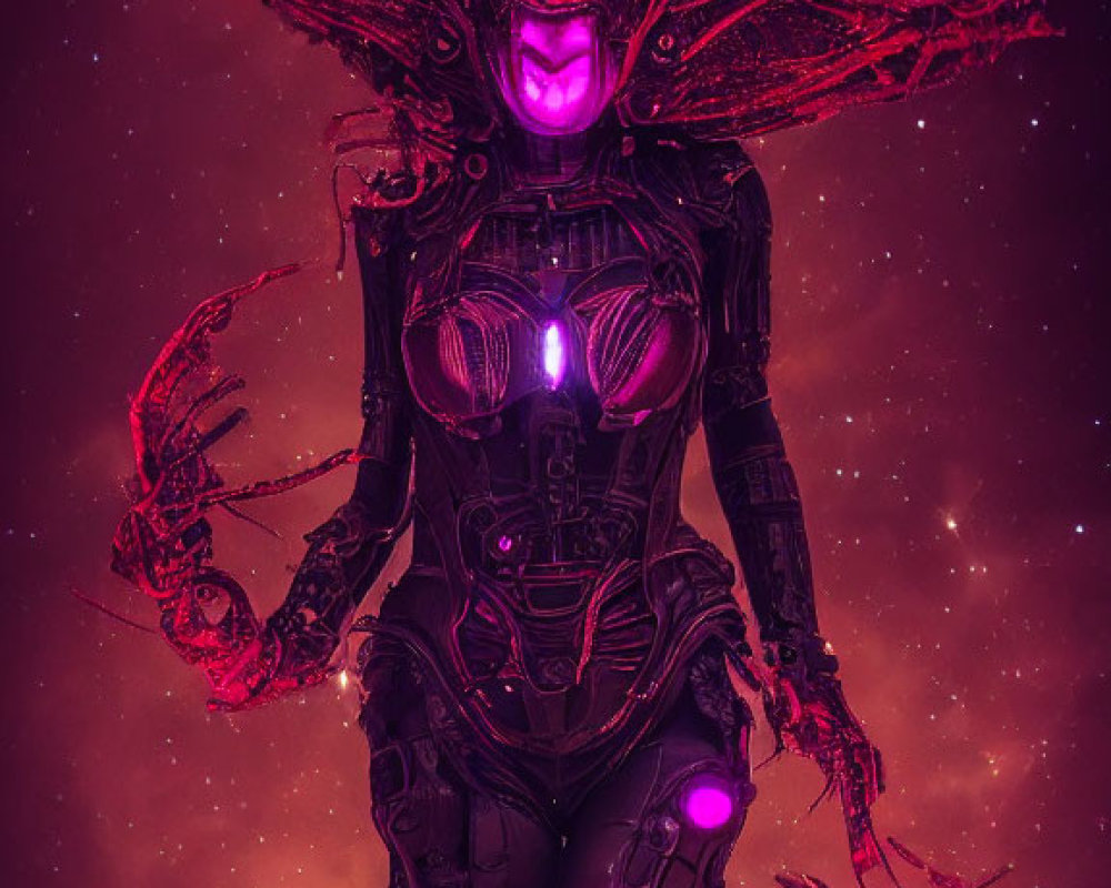 Futuristic female figure in black and purple armor on cosmic background