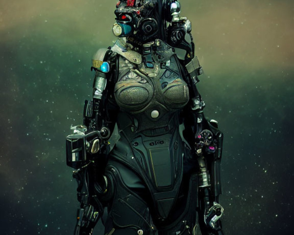 Detailed Black Armor on Female Android in Starry Space