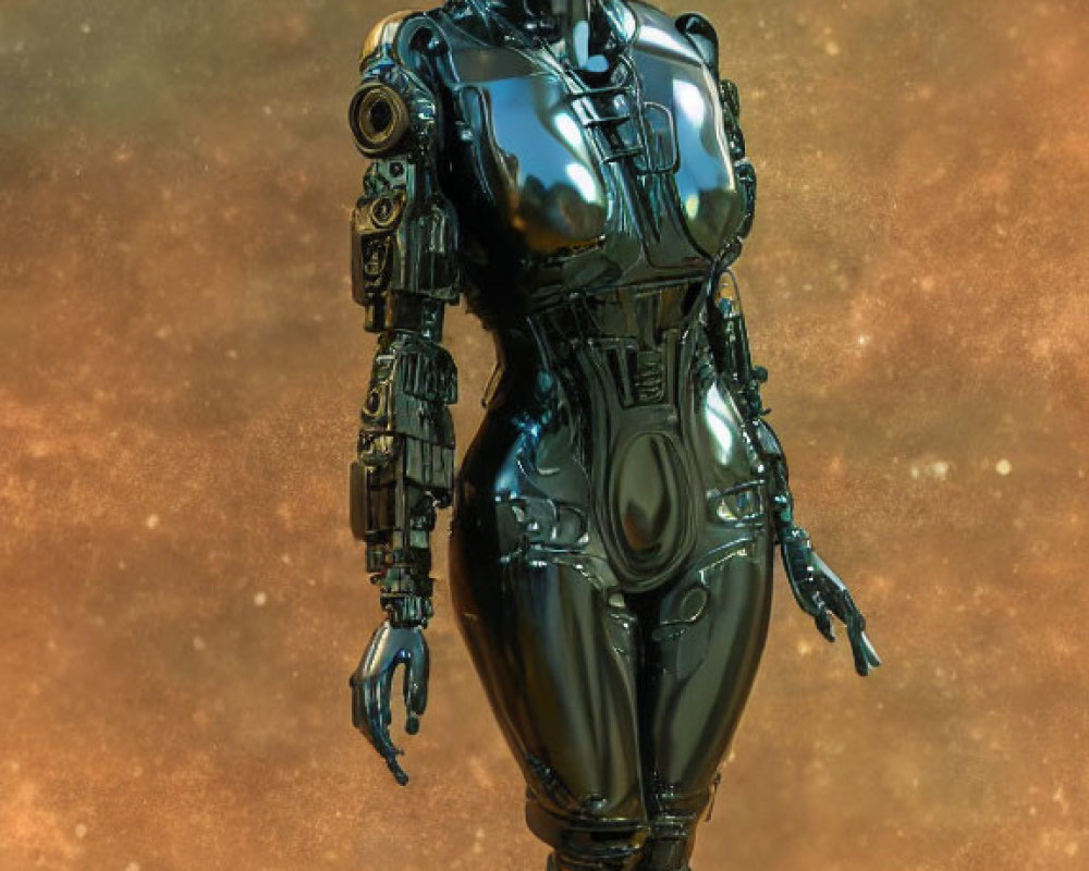 Glossy black humanoid robot with intricate mechanical details on amber backdrop