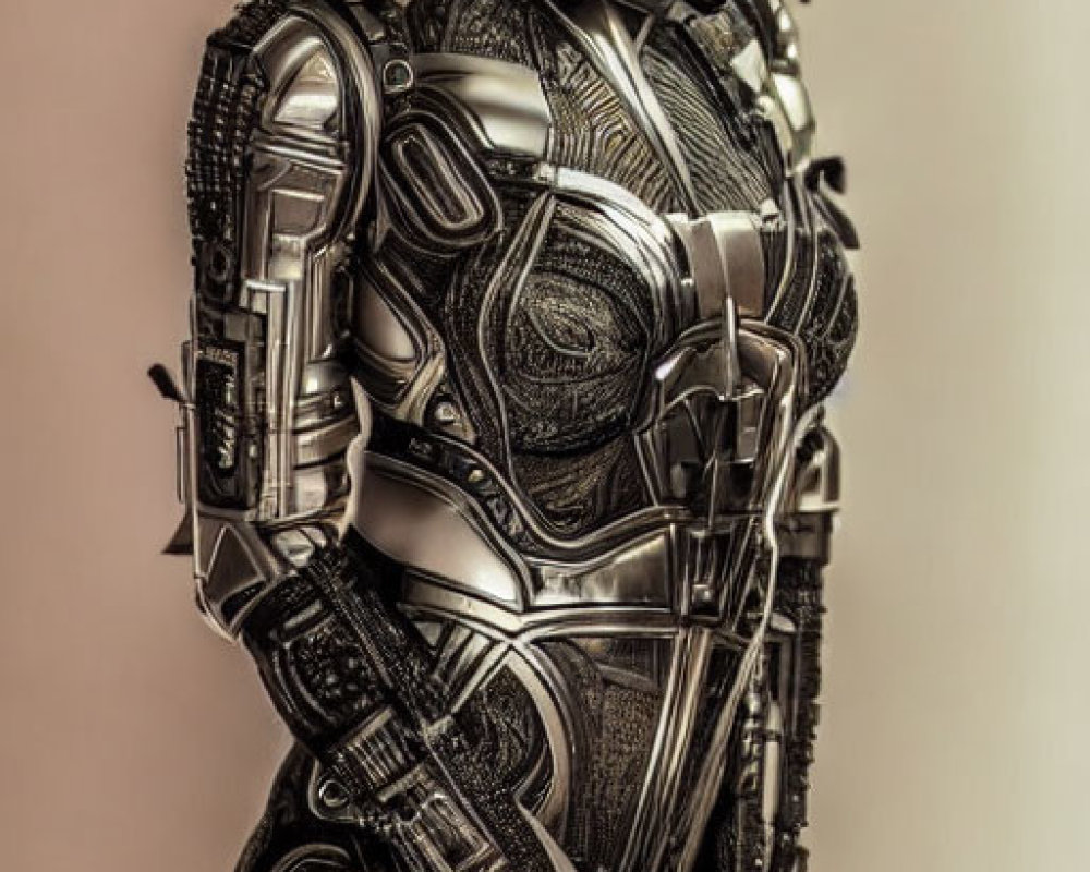 Futuristic female robot with intricate armor and mechanical details